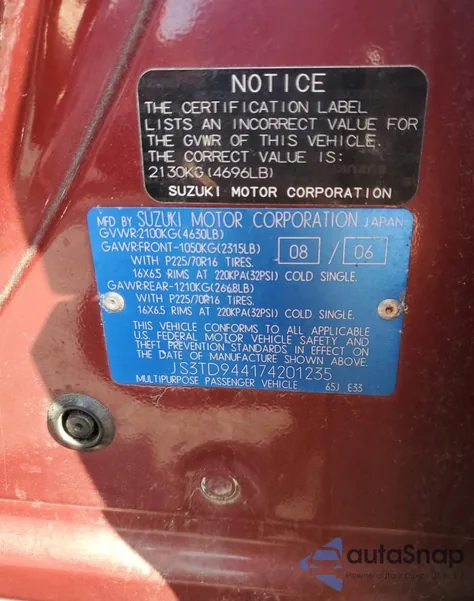 2007 Suzuki Grand Vitara Xsport из США, поврежденный, VIN JS3TD944174201235